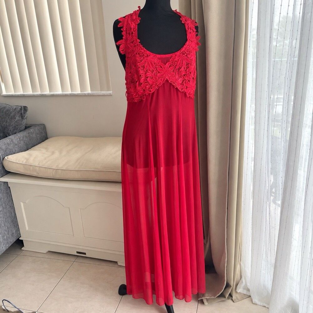 VTG Flora Nikrooz XL Red Lace Maxi Nightgown Sheer Lingerie Dress Made in USA